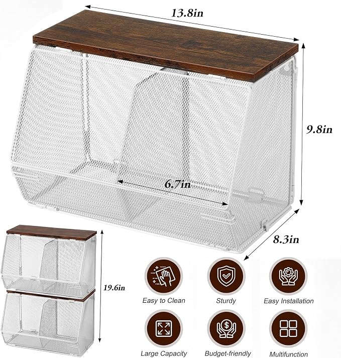 Teenyyou 2 Pcs Stackable Mesh Fruit Basket with Lid Wall Produce Vegetable Storage Basket Onion Potato Hanging Metal Wire Container for Kitchen Counter Pantry (Divided,White,8.3"w & 13.8"L) - Image 2