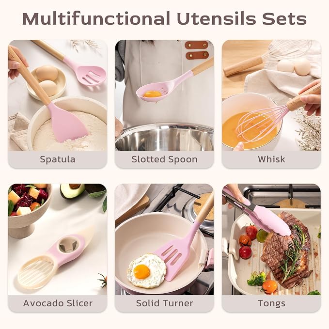 Astercook Kitchen Utensils set, 39 PCS Silicone Cooking Utensils Set with Wooden Handle, 446°F Heat Resistant Food Grade Utensil Sets, BPA Free Kitchen Gadgets Tools Set for Nonstick Cookware (Pink) - Image 5
