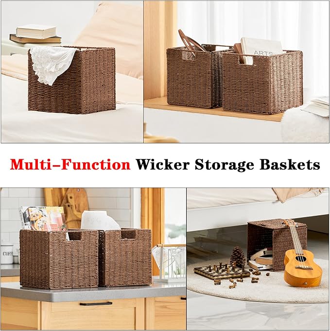 Wicker Basket, Set of 2 Hand-Woven Paper Rope Storage Baskets for Organizing, Foldable Cubby Storage Bins, 11 Inch Large Wicker Storage Basket, Square Baskets Cube Storage Organizer, Brown - Image 2