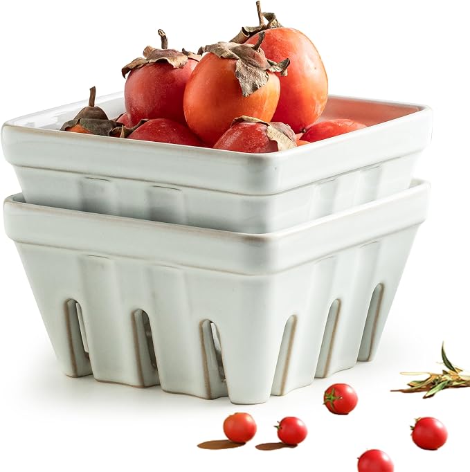 Gomakren Fruit Basket for Kitchen, Berry Washing Bowl, Ceramic Berry Basket Set of 2, Fruit Bowl with Holes, 5.7 Inch Square Berry Containers Colander - Farmhouse Kitchen Decor, White by Gomakren