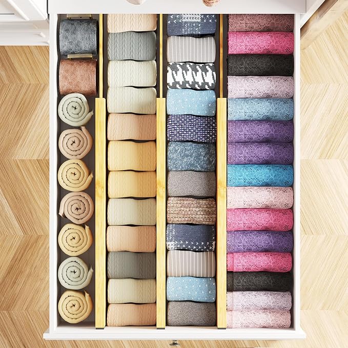 SpaceAid Bamboo Dresser Drawer Dividers 6 Pack, 4.65“ High Adjustable 17“-22” Drawer Organizers, Expandable Organization for Clothing, Clothes, Dressers, Natural - Image 4