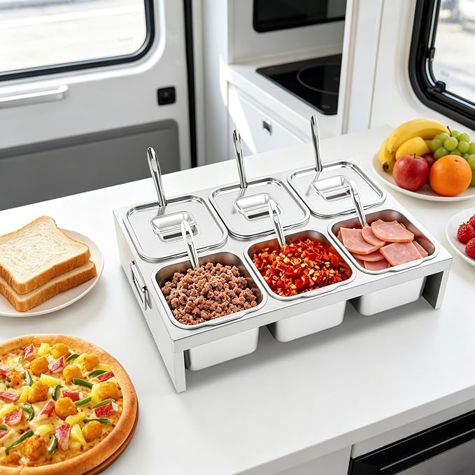 Pizza Topping Station Condiment Container Food Prep Ingredients Holder | Stainless Steel Container Set Spice Rack with 6 Pans& Lids&6* Spoons, Kitchen Restaurants Buffet Pizza Oven Accessories - Image 6