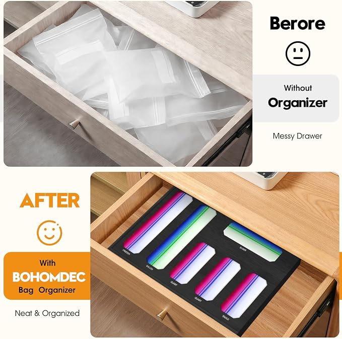 6 in 1 Bamboo Ziploc Bag Storage Organizer, Black Baggie Organizer for Drawer with Sliding Lid - Fits Gallon, Quart, Sandwich, Snack & Freezer Bags, Wall Mountable Kitchen Drawer Organization - Image 2