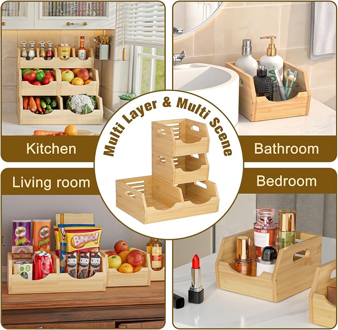 Upgraded 3-Tier Bamboo Pantry Storage Bins, Ventilated Stackable Potato & Onion Organizer w/ Spice Tray & 3 Veggies Baskets for Kitchen, Pantry, Bathroom & Living Room - Image 7