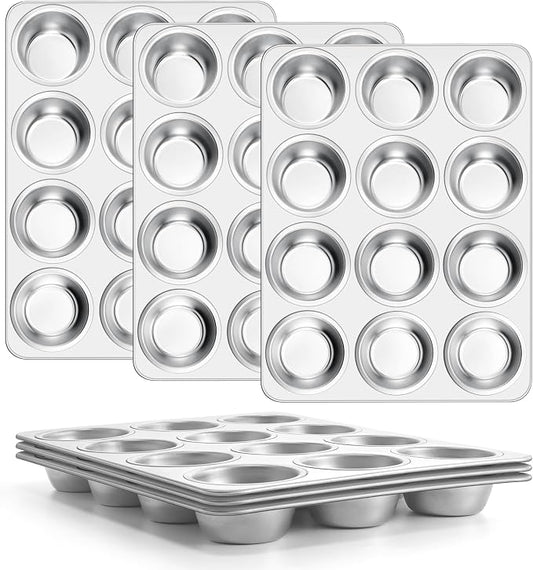 E-far 12-Cup Muffin Pan Set of 6, Stainless Steel Cupcake Pan for Oven | Non-Toxic Metal Muffin Tins for Baking Muffins & Cupcakes, Regular Size & Easy Clean, Dishwasher Safe by E-far