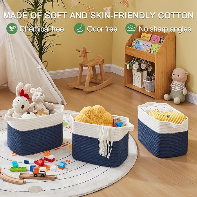 OIAHOMY Storage Basket, Woven Baskets for Storage, Cotton Rope Basket for toys,Towel Baskets for Bathroom - Pack of 3,White Blue - Image 7