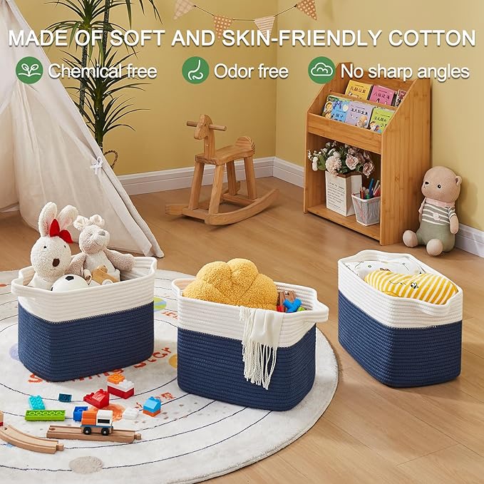 OIAHOMY Storage Basket, Woven Baskets for Storage, Cotton Rope Basket for toys,Towel Baskets for Bathroom - Pack of 3, Gradient Blue - Image 5