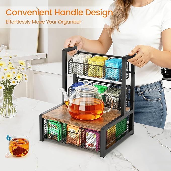 Tea Bag Organizer, 3 Tier Tea Storage Container Box, Rustic Brown | Wood Tea Station Caddy, Teabag Holder Stand with Drawer Basket, Large Tea Chest Display Rack for Countertop Cabinet Office - Image 6