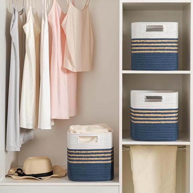 UBBCARE Set of 4 Storage Cubes 13 X 13 X 13 in, Water Hyacinth Storage Bins for Shelves, Book, Storage Baskets with Handles, Cotton Rope Woven Baskets for Organizing, Navy Blue - Image 6
