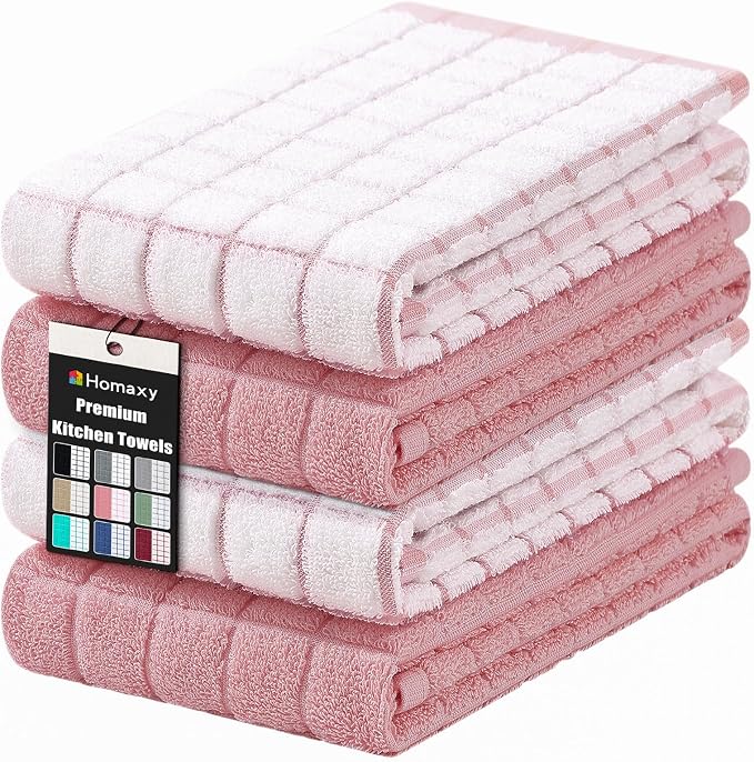 Homaxy Large Premium Cotton Kitchen Towels 16"x 28", 4 Pack, Rose | Natural Ring Spun 390 GSM Dish Towels, Super Absorbent Terry Kitchen Hand Towels, Soft Tea Towels with Hanging Loop by Homaxy