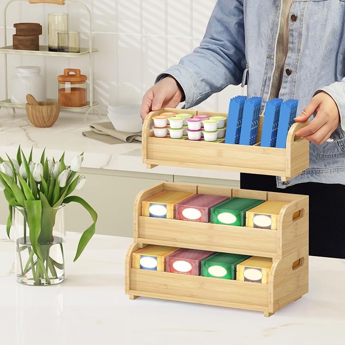 Wisuce 3-Tier Bamboo Tea Bag Organizer, Stackable Tea Holder for Countertop | Tea Box Shelf with Removable Dividers, Wall Mount Large Capacity Tea Organizers and Storage for Pantry Kitchen Office Bar - Image 3