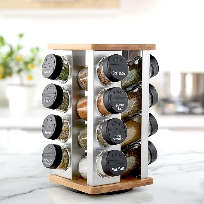 Kamenstein 16 Jar Warner Revolving Countertop Spice Rack Organizer with Lift & Pour Caps and Spices Included, FREE Spice Refills for 5 years, Stainless Steel & Bamboo with Black Caps - Image 3