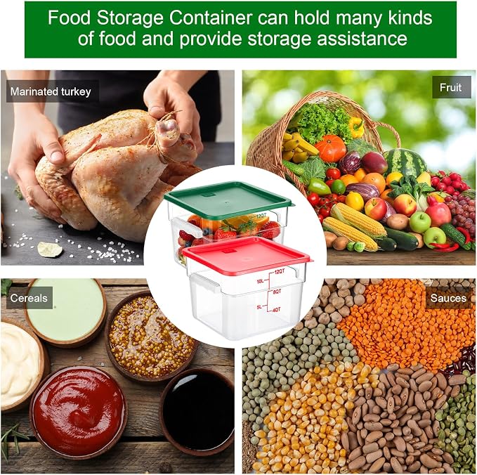 FoldTier 2 Pieces Square Food Storage Containers Polycarbonate Clear food Container with Lid Commercial Storage with Graduations for Commercial Kitchen Dough Marinating Meat(Green, Red,12 Qt) - Image 7