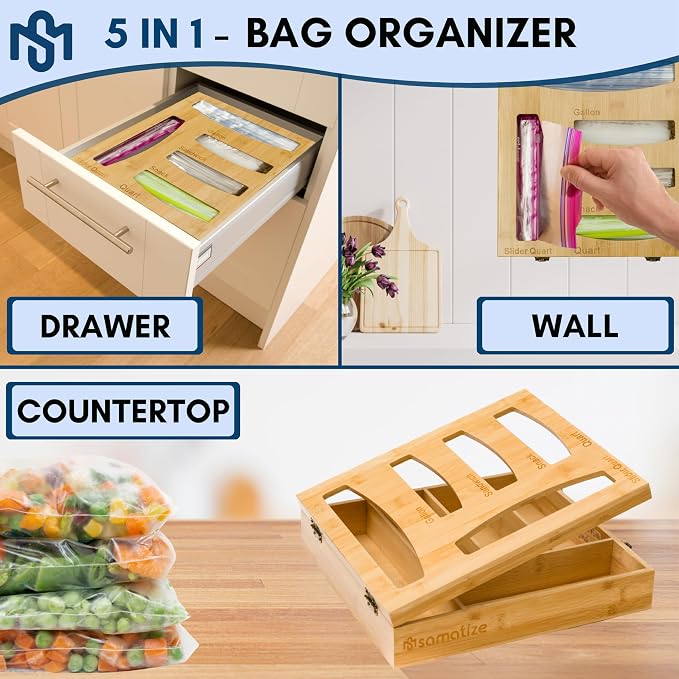 Storage Bag Holder, Baggie Organizer for Drawer or Wall Mount, Compatible with Gallon, Quart, Sandwich, Snack Size Bags, 1 Box 5 Slots, Bamboo Drawer Organizer, Baggie Holder - Image 6