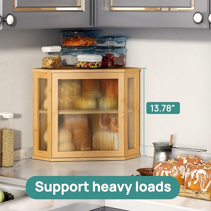 viewcare Corner Bread Box for Kitchen Counter, Bamboo Wood Large Capacity Bread Storage Bin with Acrylic Wavy Door Panel (Natural, Meduim) - Image 6