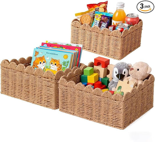 3 Pcs Wicker Baskets for Organizing,Scalloped Baskets, Hand-woven Wicker Storage Cubes, Paper Rope Shelf Baskets for Organizing and Decoration,Brown Basket by Unknown