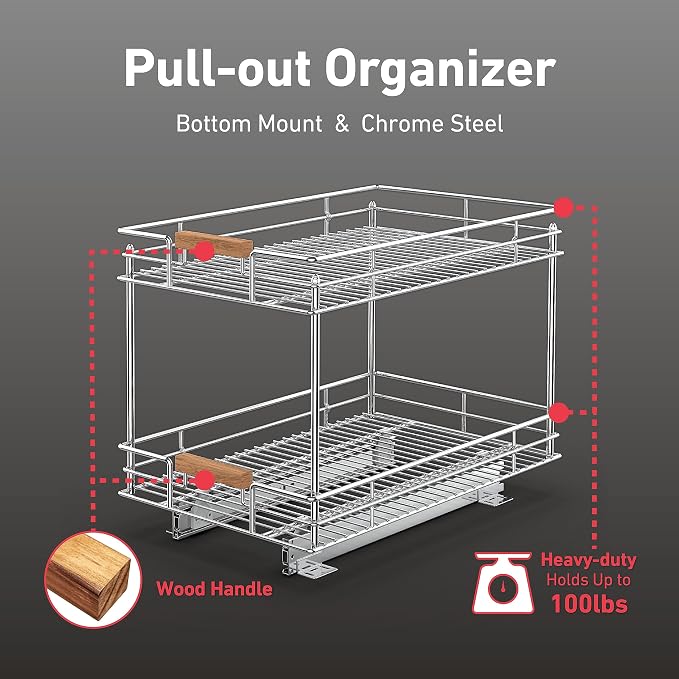 Mount Walker Pull Out Cabinet Organizer(14" W x 21" D), 2 Tier Slide Out Shelves with Wood Handle, Sliding Drawer Pull Storage Shelf for 15-1/4” Cabinet Opening, Chrome - Image 2