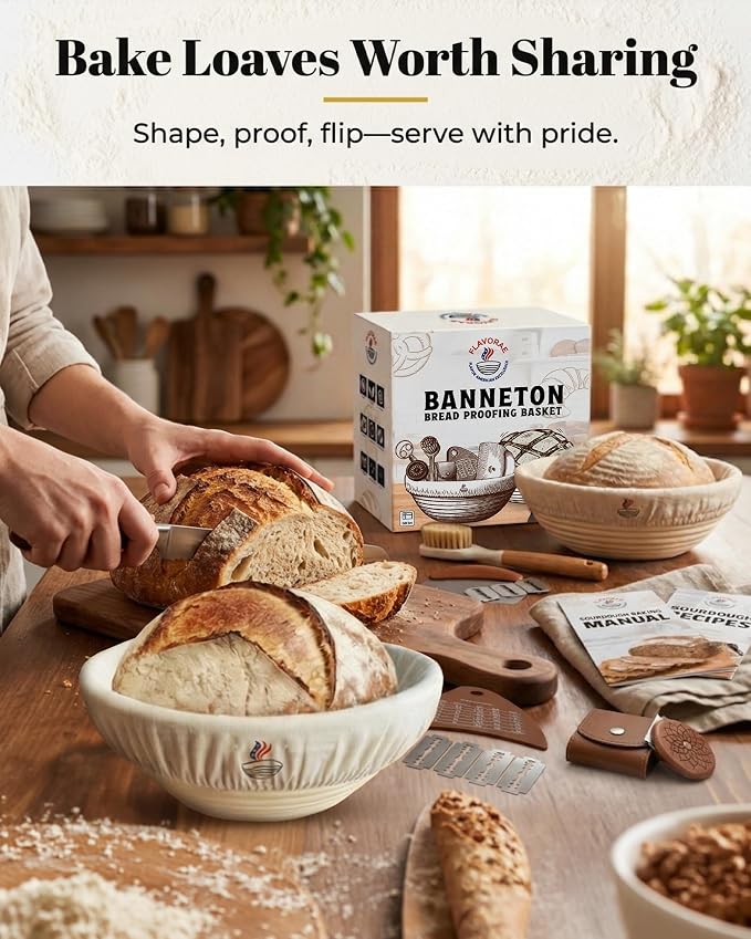 Banneton Bread Proofing Basket with Liners - Natural Rattan Dough Riser, Sourdough Bread Basket, Artisan Bread Loaves, Homemade Bread Making - 2 Pack 9" Round Basket Set - Image 4