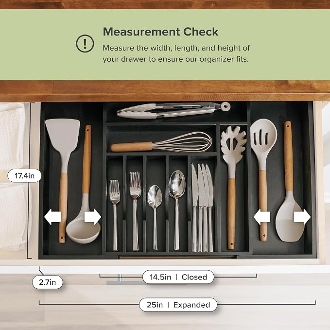 Silverware & Utensil Drawer Organizer, 14.5-25 in, Black Bamboo | Cutlery, flatware, food-safe contract grade, kitchen drawer fit - Image 4