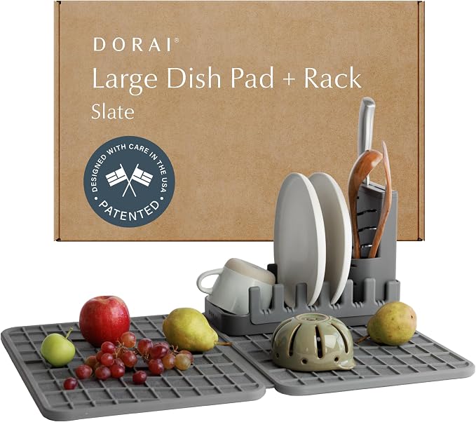Dorai Home Collapsible Dish Drying Rack with Stone Dish Pad - Kitchen Counter Set with Diatomaceous Earth Stone Dish Mat for Quick Drying - Space-Saving Design - Large 24.6" x 16.5", Slate by DoraiHome