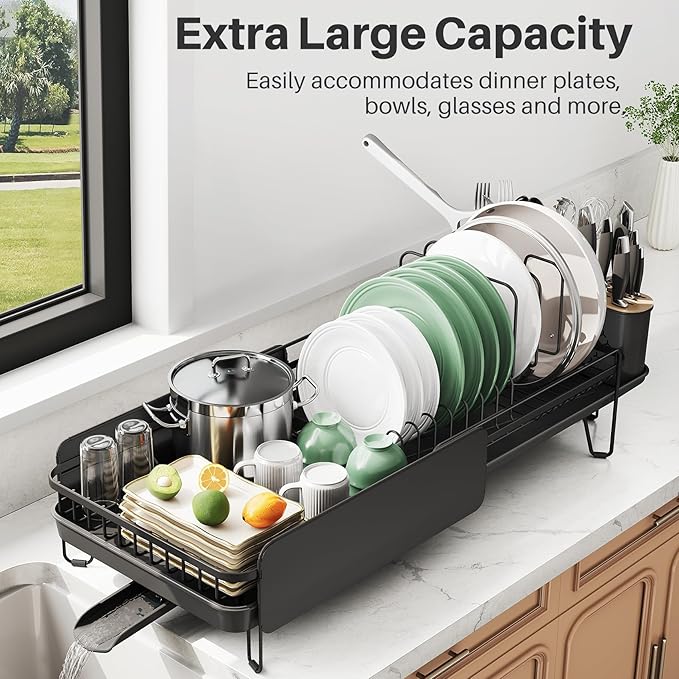 Large Expandable Dish Drying Rack for Kitchen Counter, 19.3-29.4 in, Black | Family Size Capacity, Adjustable Dividers for Pan, Lid & Cutting Board, Stainless Steel, Rotating Spout, Utensil Holder - Image 2