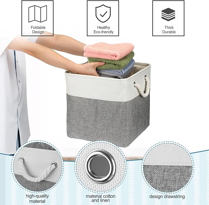 meekoo 8 Pack Collapsible Storage Bins Fabric Storage Bins Polyester Fabric Baskets with Handles Linen Closet Organizer for Shelf Home Closet Towels Toys(12 x 12 x 12 in,Gray White) - Image 3