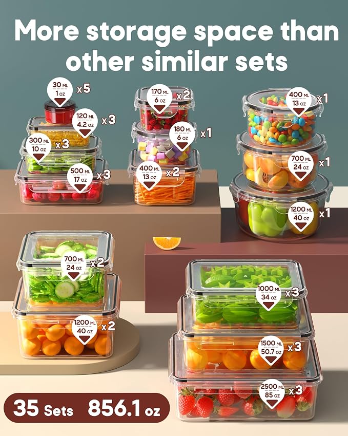70 PCS Food Storage Containers with Lids Airtight, (35 Lids & 35 Containers) Leak proof Containers Set for Kitchen, Meal Prep, BPA-Free, PVC-Free Plastic, Microwave/Dishwasher Safe, Extra Labels & Pen - Image 2