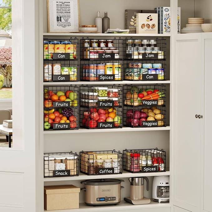3 Pack XL Stackable Wire Baskets with Handle, Pantry Organizers and Storage | Snack Organizer & Vegetable Basket & Metal Pantry Bin & Fruit Basket for Kitchen Counter - Image 2