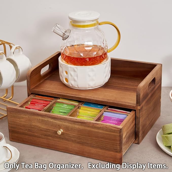 SARUFO Acacia Wood Tea Bag Organizer with Drawer - Tea Station Chest and Storage Box, Coffee and Teabag Holder with 8 Compartments, Containers and Boxes for Countertop Display - Image 5