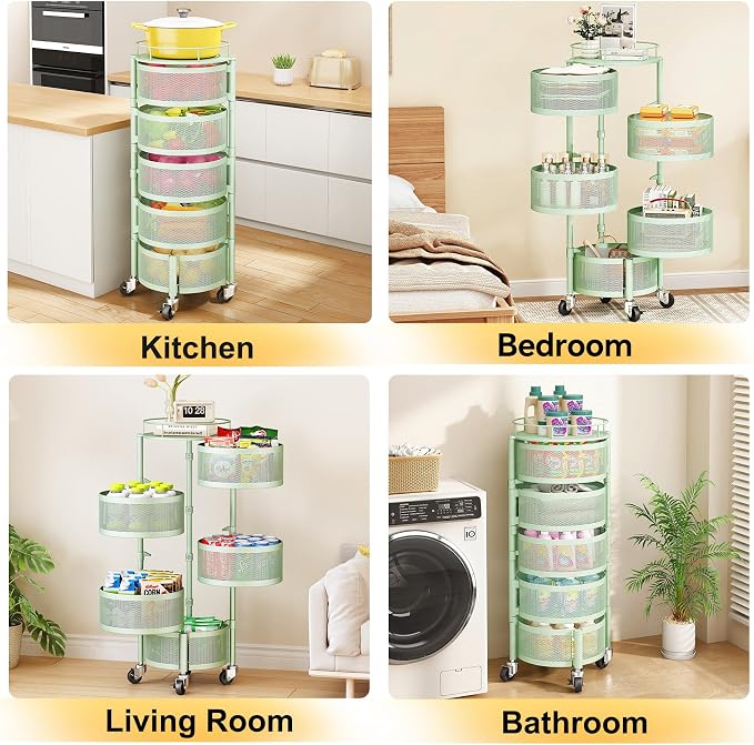 SNTD Fruit and Vegetable Basket Bowls for Kitchen with Metal Top Lid, 5 Tier Rotating Storage Rack Cart for Potato Onion Bread Banana, Wire Basket Organizer on Wheels, Large (Green) - Image 8