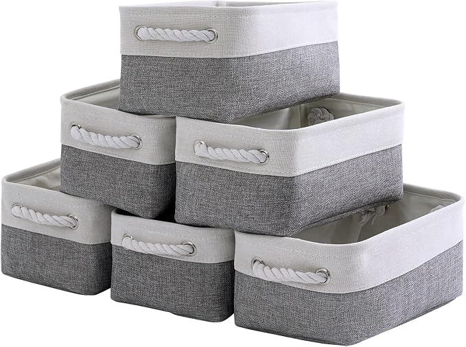Small Storage Baskets for Organizing,Storage Baskets for Shelves,Small Fabric Storage Bins W/Handles For Closet Nursery Toy Decorative Foldable (White&Grey, 11.8L*7.9W*5.2H-6 Pack) by TheWarmHome