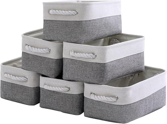 Small Storage Baskets for Organizing,Storage Baskets for Shelves,Small Fabric Storage Bins W/Handles For Closet Nursery Toy Decorative Foldable (White&Grey, 11.8L*7.9W*5.2H-6 Pack) by TheWarmHome