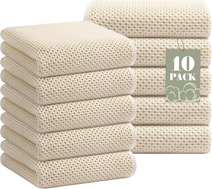 Homaxy 100% Cotton Waffle Weave Kitchen Towels, 10-Pack, Beige | Ultra Soft Absorbent Dish Towels, Quick Drying Cleaning Towels, 13 x 28 Inches by Homaxy