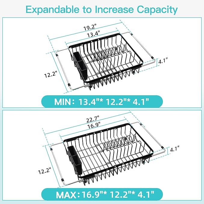 JASIWAY Black Dish Drying Rack Over the Sink with Utensil Holder | Expandable Stainless Steel Dish Driainers for Small Kitchen, Counter Space Saving, Fast Drain, Rust Resistant, For Apartment - Image 4