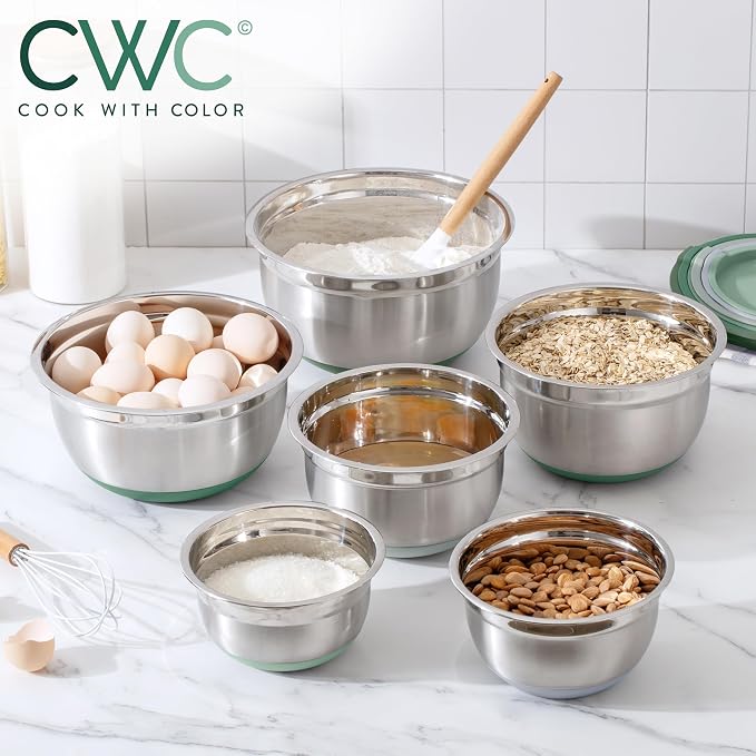COOK WITH COLOR Stainless Steel Mixing Bowls Set with Lids - Nesting Bowls with Non-Slip Bottom, Sage, 12 Pieces - Image 6