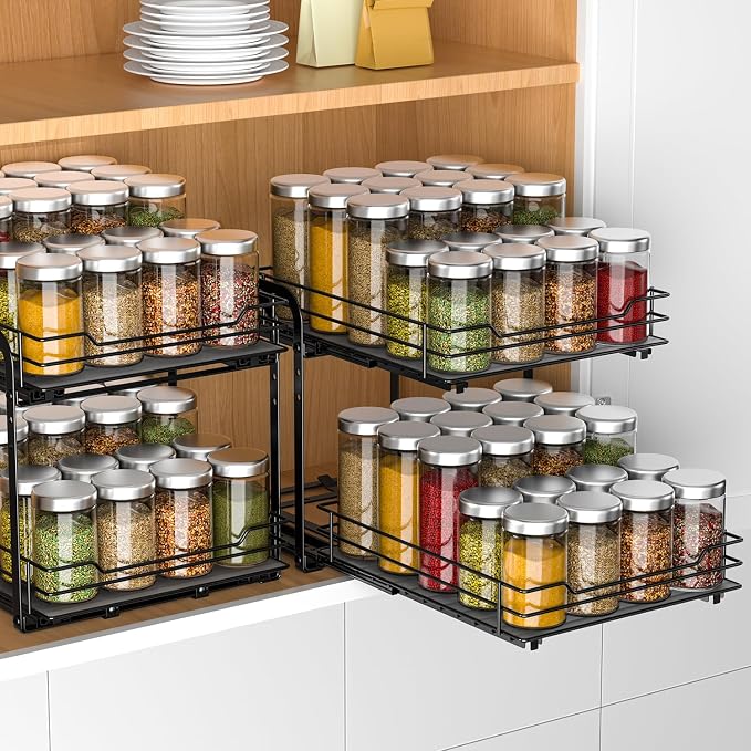 RCHYFEED 2 Tier Pull Out Spice Rack Organizer for Cabinet,9.5" Wx10.5Dx9.5H | Height Adjustable Spicy Shelf Metal Sliding Out Spice Rack Heavy Duty Vertical Spice Shelf for Inside Cabinets & Pantry - Image 4