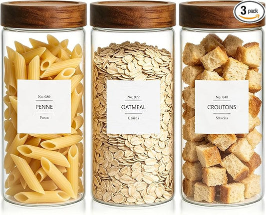 KEYWING 46 fl.oz Glass Jars with Airtight Lids, Food Storage Jars 3Pcs | Clear Food Containers For Pantry Organization Kitchen Canister Set for Cookie Rice Sugar Snack Coffee Bean, with 126 Labels by KEYWING