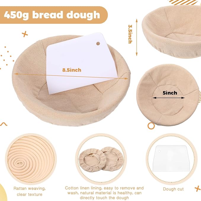 Nuogo 5 Pack Banneton Bread Proofing Basket 8.5 Inch Round Sourdough Proofing Basket Bowl with Liners and Scatters for Home Making Bread Bakers Baking - Image 3