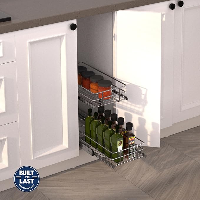 2-Tier Narrow Cabinet Pull Out Shelves, 8" W x 22" D, Chrome | Heavy-Gauge Wire Sliding Shelves, 100 lbs Limit, Ball-Bearing Glides, 3 Heights, Min 9" Opening, For Spices & Under Sink - Image 2