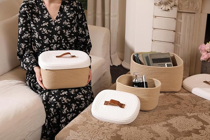 Set of 3 Nesting Woven Storage Baskets with Lids, Cotton Rope Decorative Basket Set for Shelf Closet Living Room Organizing, Rectangular Beige & White - Image 4
