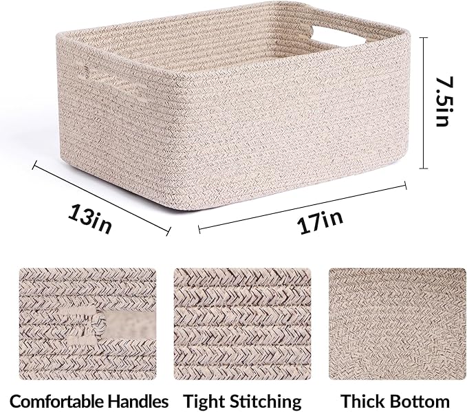 MiniArk Large Storage Baskets for Shelves, 17 x 13 x 7.5” Closet Organizers Bins for Clothes Blanket Towels, Baby Nursery, Toy Baskets Box, Woven Rope Baskets, 2 Packs Mixed Brown - Image 2