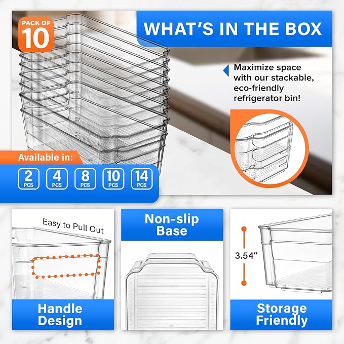 14-Piece Stackable Refrigerator Bin Organizer Set with Easy Grip Handles - Clear Multi-Purpose Storage Bins for Fridge and Pantry Use - Image 3