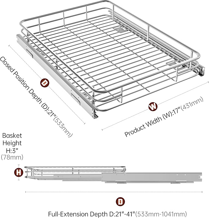 Cabinet Pull Out Shelves 17" W x 21" D, Chrome | Slide Out Cabinet Organizer, Heavy-Gauge Wire Storage Drawer, Ball-Bearing Glides, 100 Lb Capacity, Min 18" Cabinet Opening - Image 3