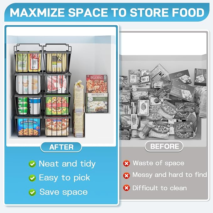 SUNALLY Freezer Organizer Bins, 8 Pack Stackable Pantry Storage Bins, Black | Chest Freezer Organizer for 5-7 Cu.FT Deep Freezer to Sort Frozen Meats & Food, Wire Baskets for Pantry Organizers & Storage - Image 5