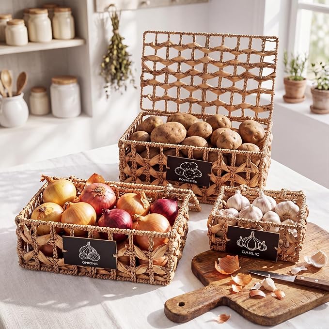 Set of 3 Kitchen Vegetable Storage Potato Onion Garlic Storage Bins with Lid and Label, Handwoven Wicker Pantry Organizer Keeper Containers Baskets for Countertop Cabinet Farmhouse Decor - Image 6