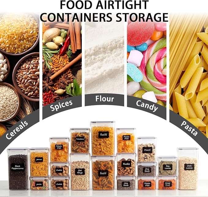 42 PCS Airtight Food Storage Containers with Lids, BPA Free Clear Plastic Kitchen and Pantry Organization and Storage Set for Flour, Sugar, Cereal, Pasta, Includes 42 Labels and Marker - Image 8