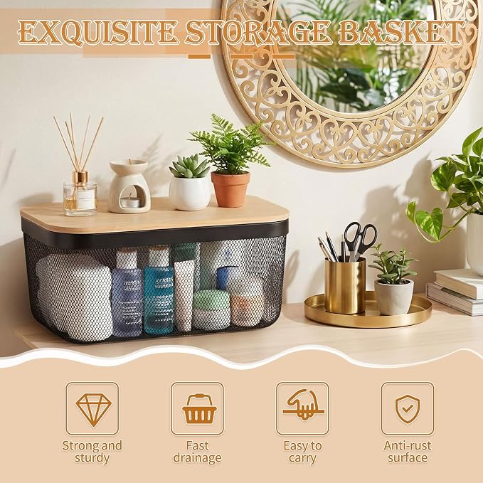 Sawysine 4 Pcs Metal Mesh Steel Basket with Handles and Bamboo Lids 16 x 9.8 '' Stackable Black Wire Basket Pantry Organization and Storage for Cabinets Shelves Kitchen Harvest - Image 4