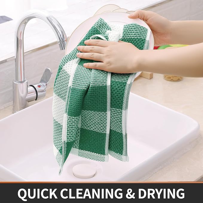 Homaxy Kitchen Towels and Dishcloths Set, Set of 8, White & Dark Green | Bulk Cotton Waffle Weave Check Plaid Kitchen Towels, Super Soft and Absorbent Dish Cloths, 12 x 12 and 13 x 28 Inches - Image 7