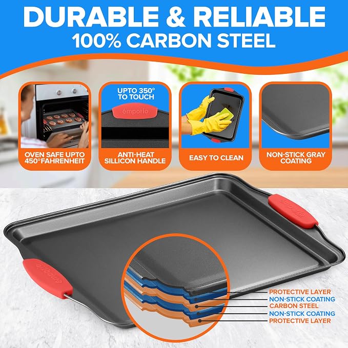 Emporio Kitchen Baking Pan Set - Nonstick Coating, Carbon Steel Bakeware Set with Red Silicone Handles, PFOA, PFOS, PTFE Free, Recipe Booklet Included, Oven Safe Tray (Up To 450° F), Set of 25 - Black - Image 3