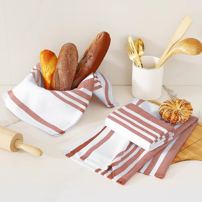 Homaxy Premium Cotton Stripe Kitchen Towels 3 Pack, 18"x 28", Rust | Large 380 GSM Kitchen Hand Towels, Soft Terry Dish Towels, Highly Absorbent Tea Towel Set with Hanging Loop - Image 6